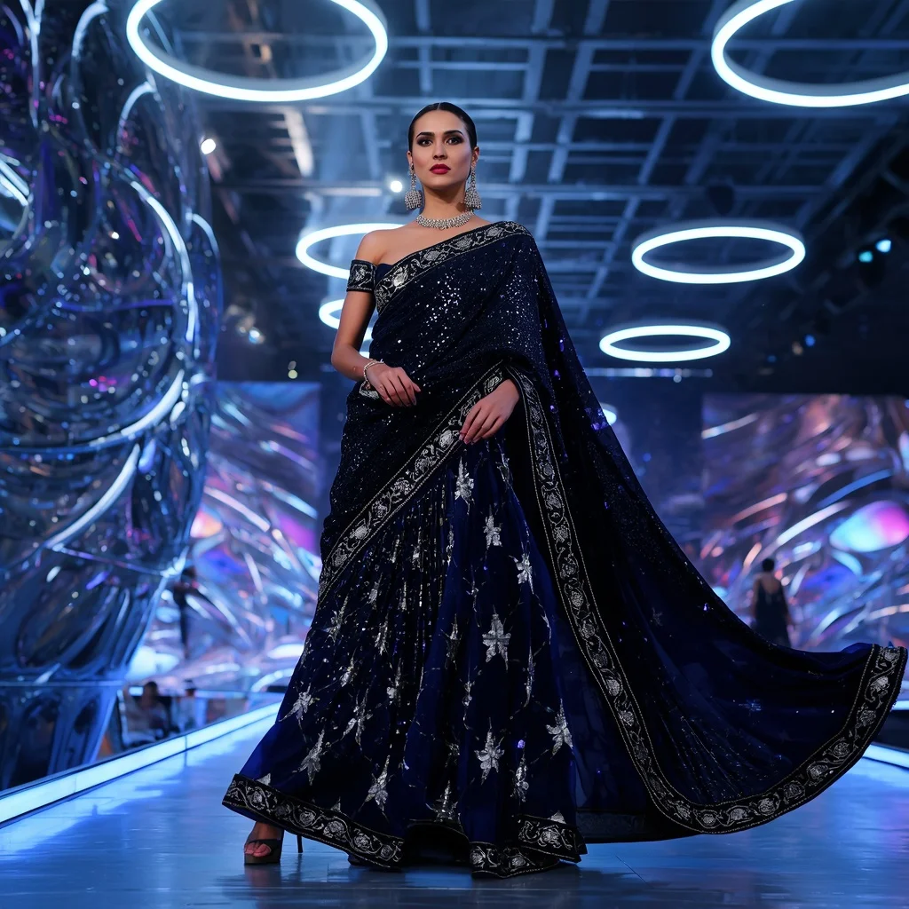 Midnight Sapphire Prism Saree with Floating Laser Halo Orbit Walkways | Ai Art Prompt - Girl Prompt