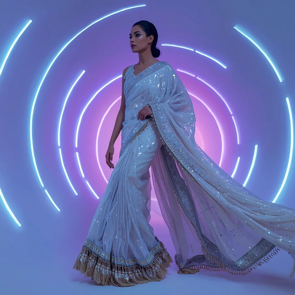 Moonlight Cascade Saree with Curved Neon Architecture | Selfie Prompt - Girl Prompt
