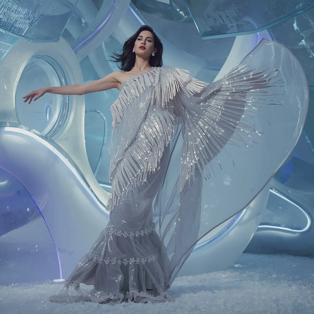 Moonstone Reflective Saree with Floating Glass Architecture | Character Design Ai Prompt - Girl Prompt