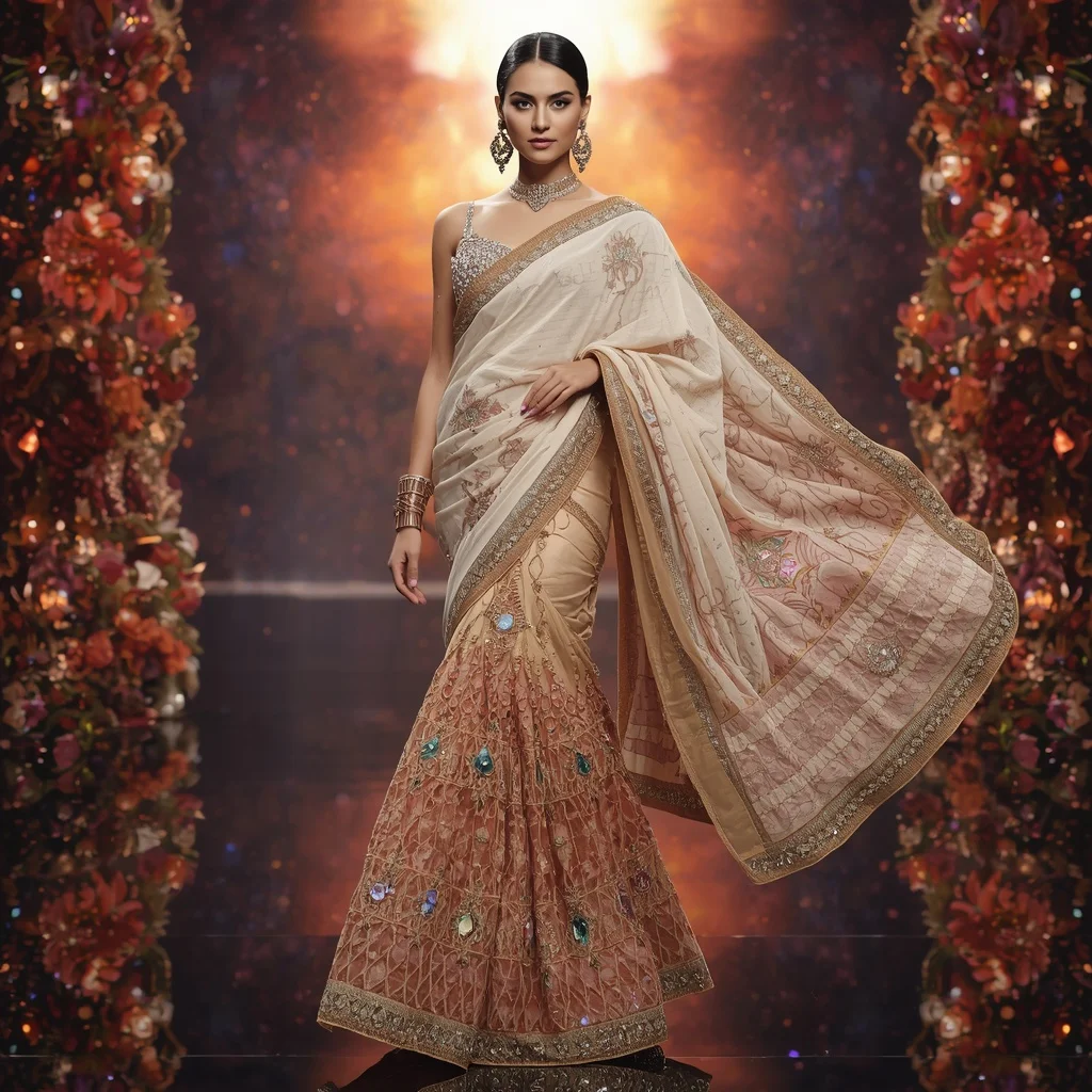 Moonstone Velvet Celestielle Saree with Fireglass Aurora Mythverse and Prism Halo Infinitycanals | Luxury Lifestyle Ai Prompt - Girl Prompt