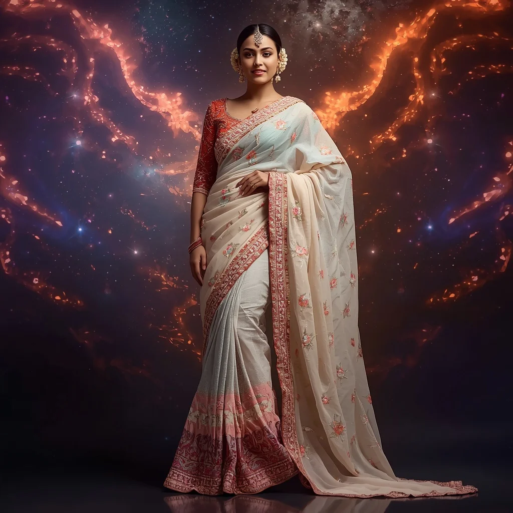 Moonstone Velvet Eternaqueen Saree with Fireglass Aurora Heavenverse and Prism Halo Godstreams | Indian Bride Saree Ai Prompt - Girl Prompt