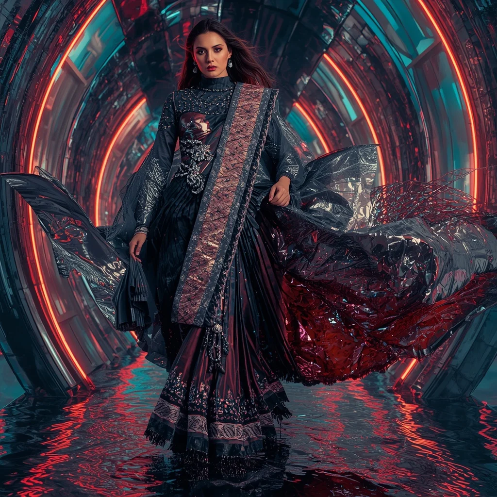 Neon Meteor Couture Saree with Floating Chrome Panels | 4k Ai Prompt - Girl Prompt