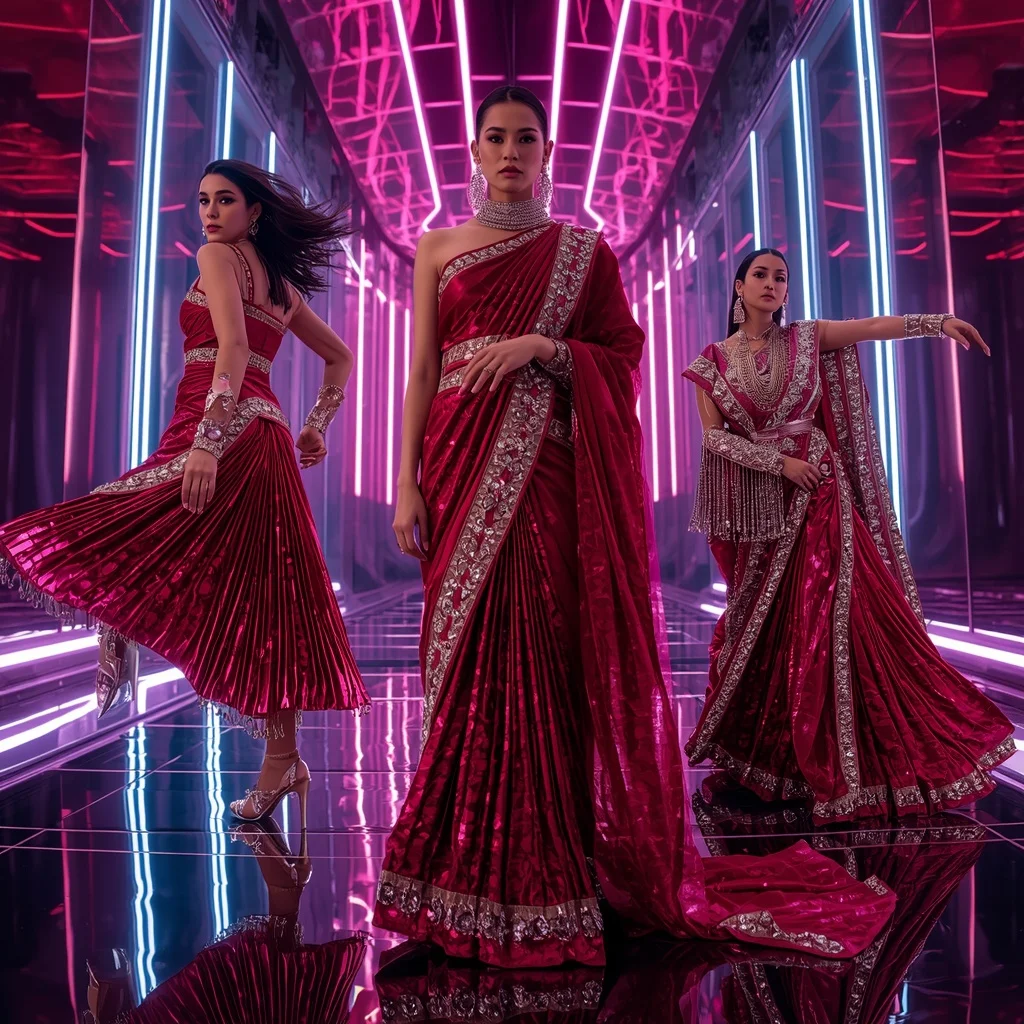 Neon Ruby Quantum Saree with Floating Digital Infinity Sanctuary | Instagram Viral Photo Ai Prompt - Girl Prompt