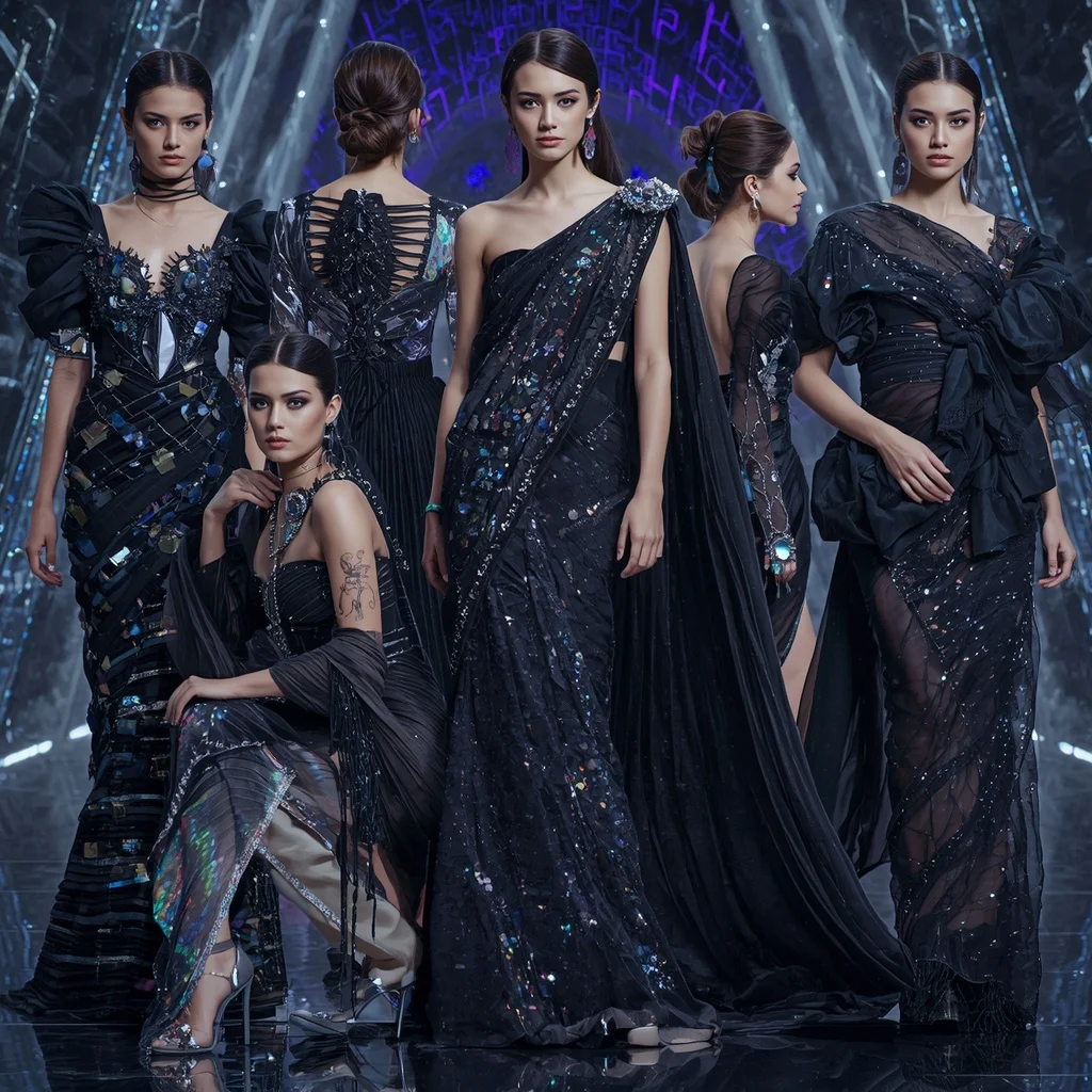Obsidian Moonfire Symphony Saree with Holographic Infinity Temples | Instagram Story Ai Prompt - Girl Prompt