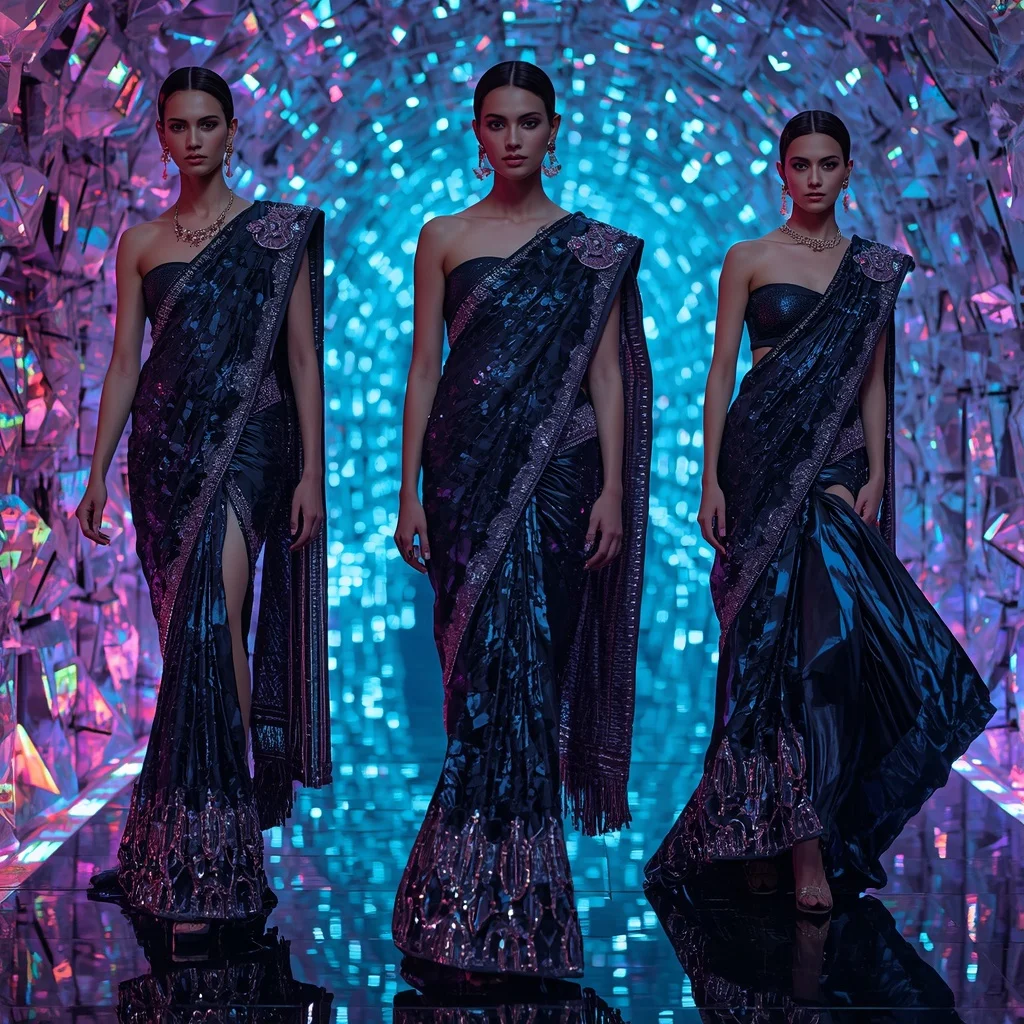 Obsidian Neon Prism Saree with Floating Holographic Crystal Tunnel | Aesthetic Ai Prompt - Girl Prompt