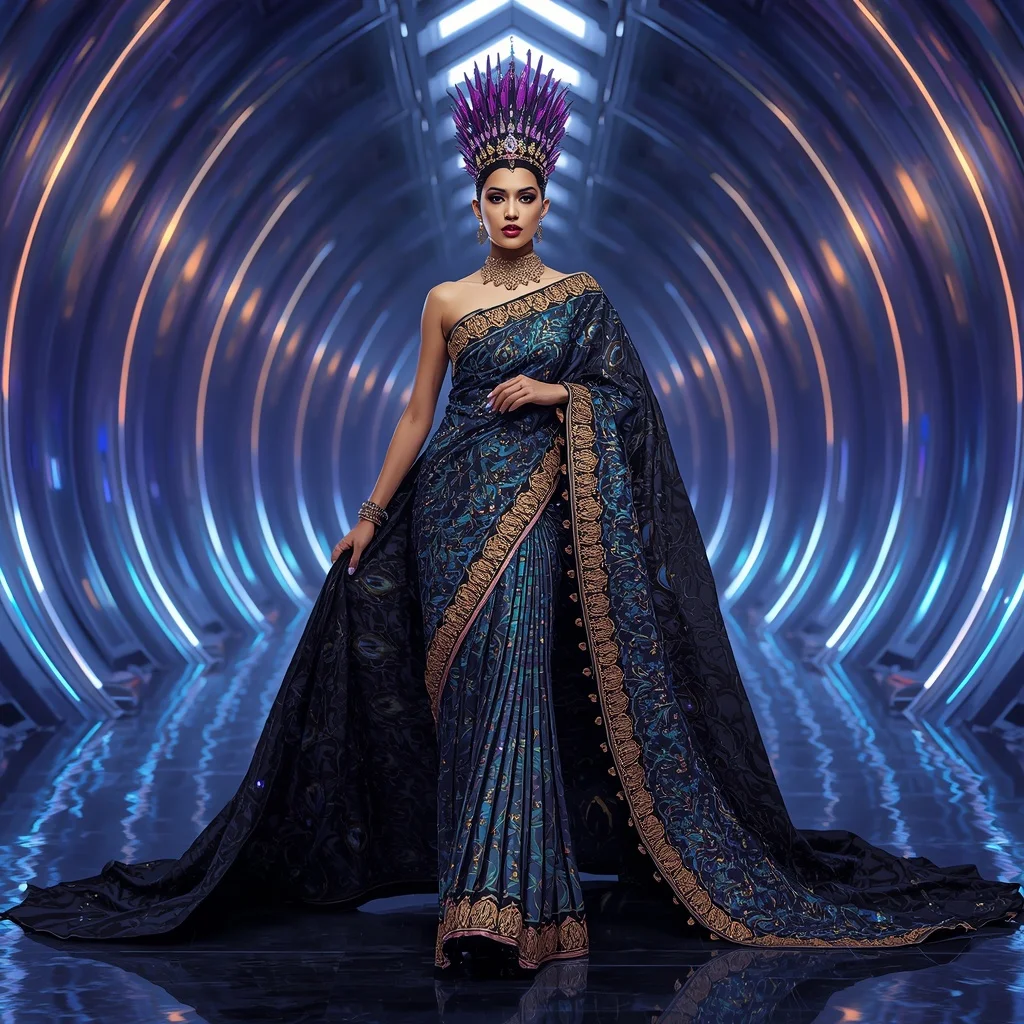 Obsidian Peacock Omnistarqueen Dominion Festival Saree with Holographic Jewel Galaxy Crown Zenithara Empire Atrium | Picture Prompt - Girl Prompt