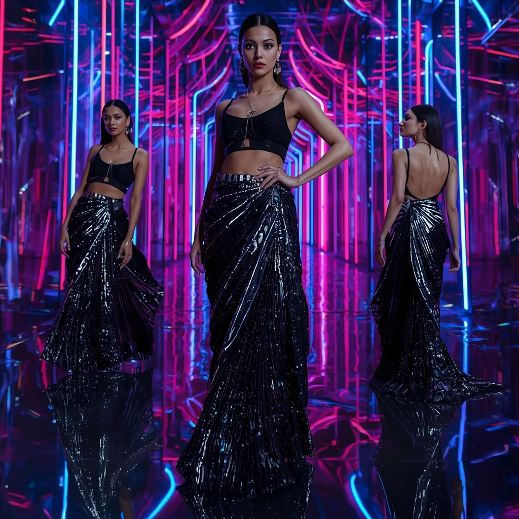 Obsidian Prism Festival Saree with RGB Light Canyon | Indian Saree Ai Prompt - Girl Prompt