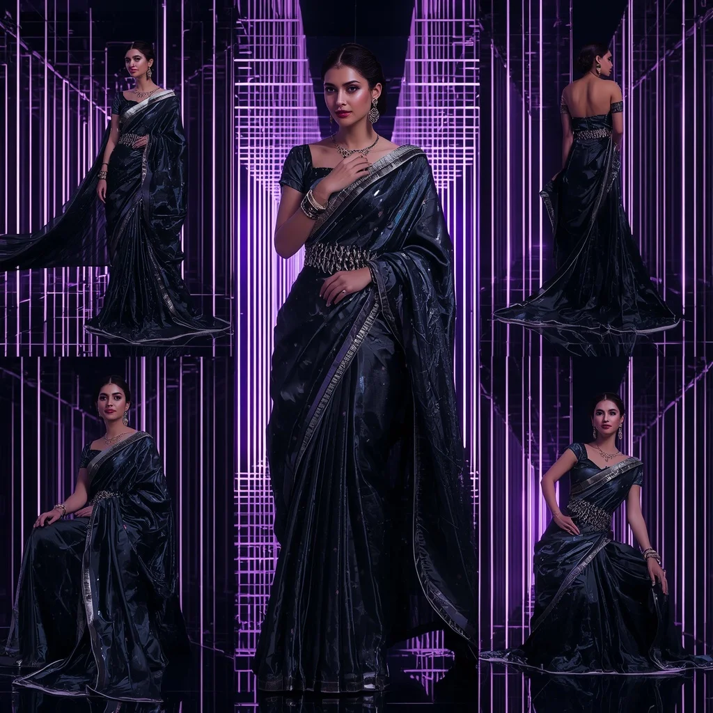 Obsidian Prism Royale Saree with Laser Reflection Corridor | Festival Prompt - Girl Prompt