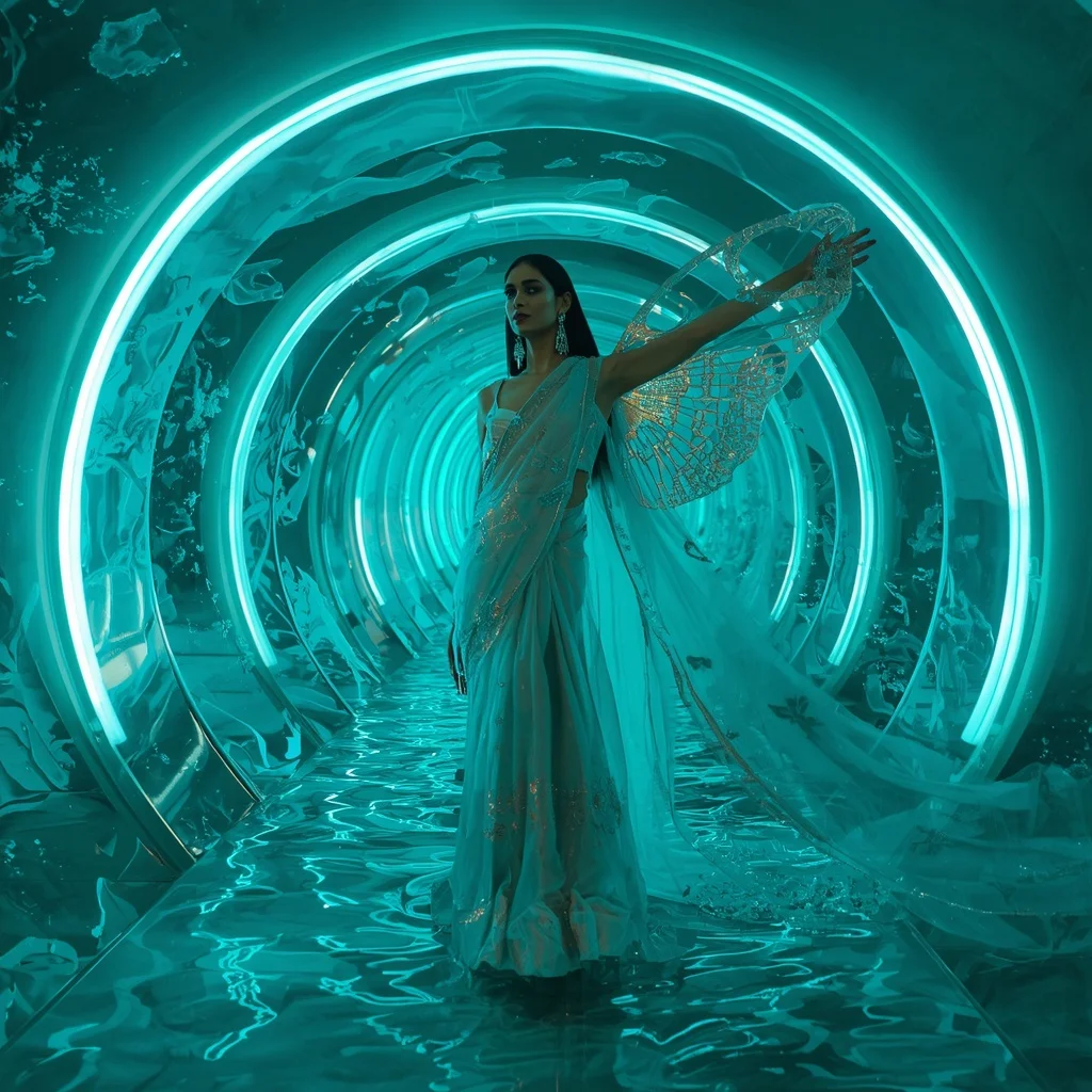 Opal Butterfly Wave Saree with Oceanic Neon Chamber | Flux Ai Prompt - Girl Prompt