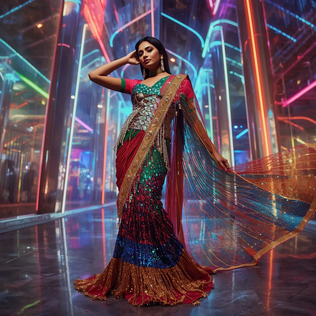 Opulent Prism Festival Saree with Dynamic Neon Structures | Flux Ai Prompt - Girl Prompt