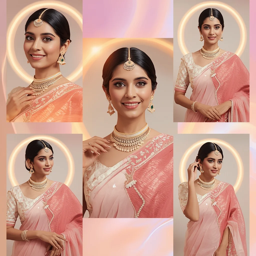 Orbital Pulse Halo Wave Pastel Saree Indian Woman Luxury Composition | Gemini Saree Prompt Text - Girl Prompt
