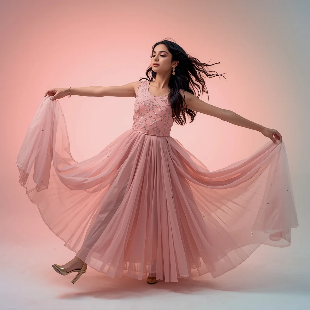 Pastel Anarkali Girl Forward Arc Arm Flow Expansion Pose | Cinematic Ai Prompt - Girl Prompt
