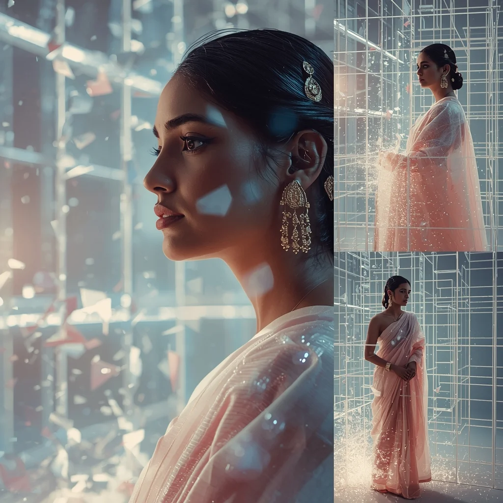 Pastel Saree Hyper Dimensional Light Grid Fragment Dissolve Cinematic Viral Prompt | Bridal Saree Ai Prompt - Girl Prompt