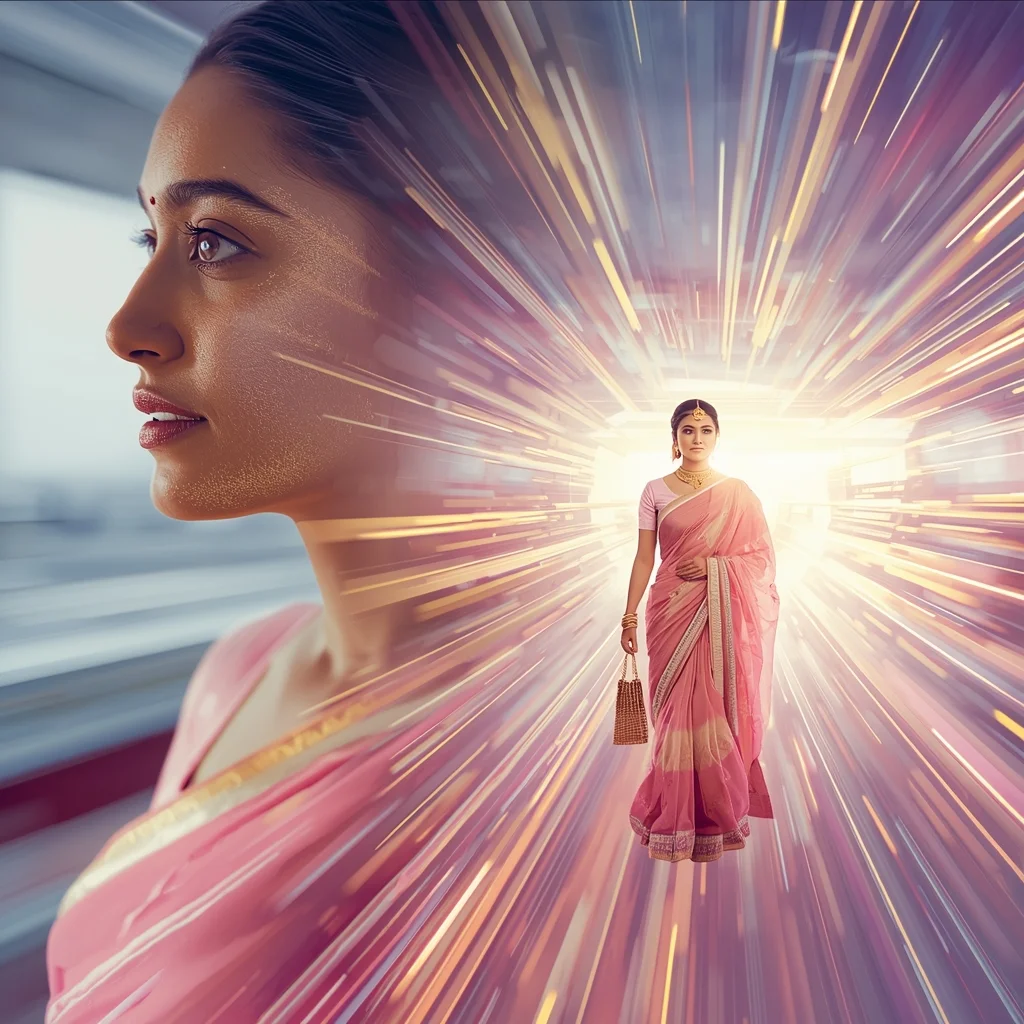Pastel Saree Hyper Warp Velocity Light Tunnel Dimensional Flow Cinematic Viral Prompt | Bridal Saree Ai Prompt - Girl Prompt