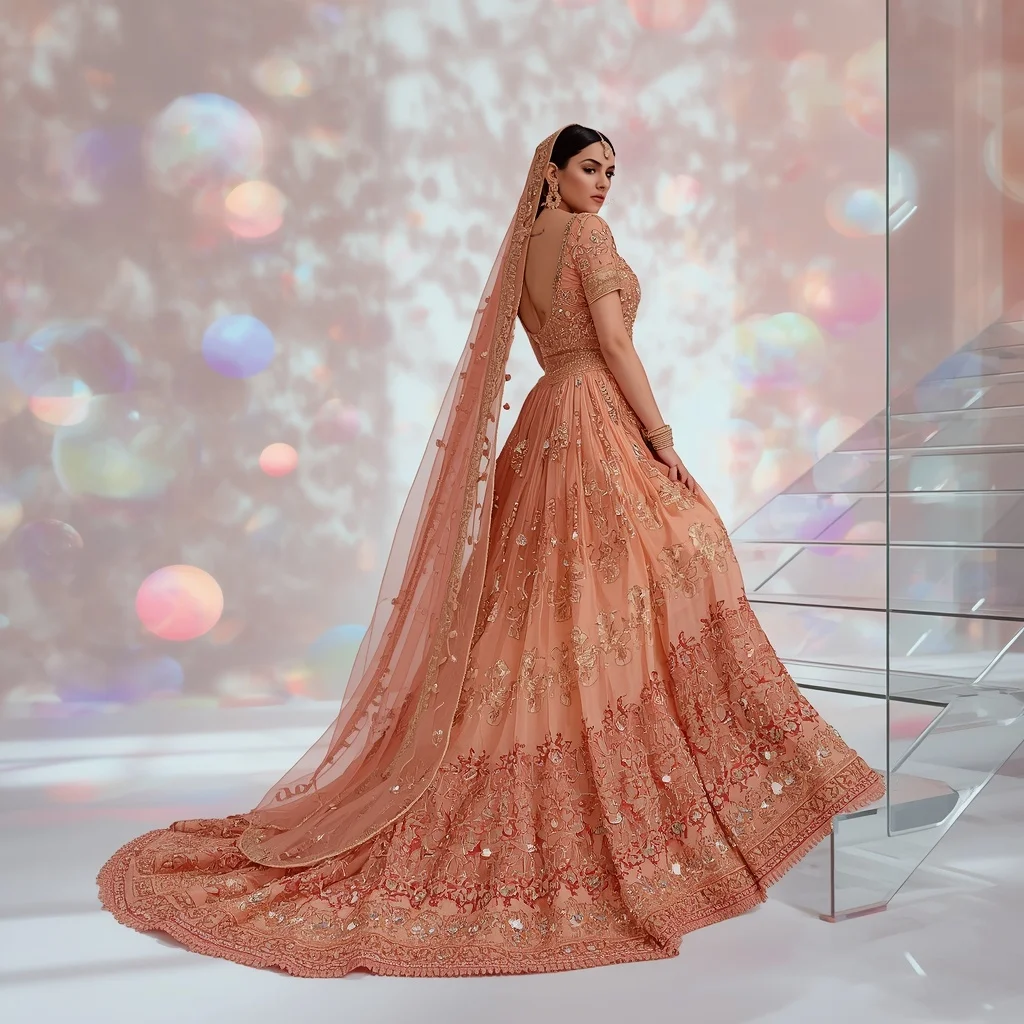 Peach Fuzz Heavy Kundan Encrusted Saree with Transparent Stairs Descent | Ai Prompt For Instagram - Girl Prompt