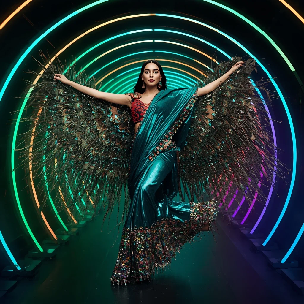 Peacock Phoenix Liquid Saree with Curved Neon Infinity Palace | Ai Image Generator Prompt - Girl Prompt