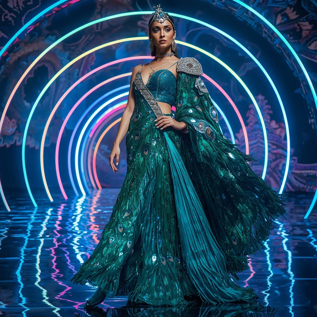 Peacock Prism Royale Saree with Infinity Neon Spiral Observatory | Picture Prompt - Girl Prompt