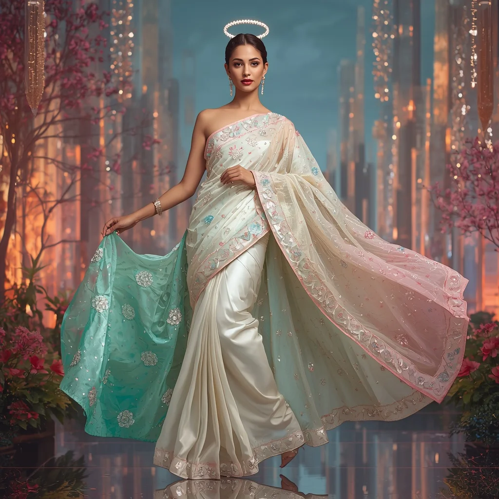 Pearl Aurora Celestique Saree with Infinity Crystal Paradiseverse and Halo Crownfire Eternityfalls | Red Saree Prompt - Girl Prompt