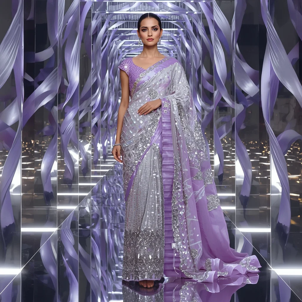 Platinum Aura Saree with Floating Ribbon Reflection Mazes | Makeup Ai Prompt - Girl Prompt