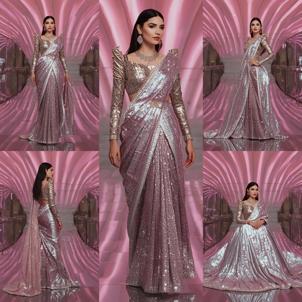 Platinum Rose Eclipse Saree with Curved Infinity Palace | Instagram Carousel Ai Prompt - Girl Prompt