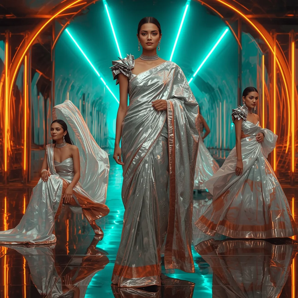 Quantum Crystal Flame Saree with Floating Neon Infinity Palace | Fantasy Ai Prompt - Girl Prompt