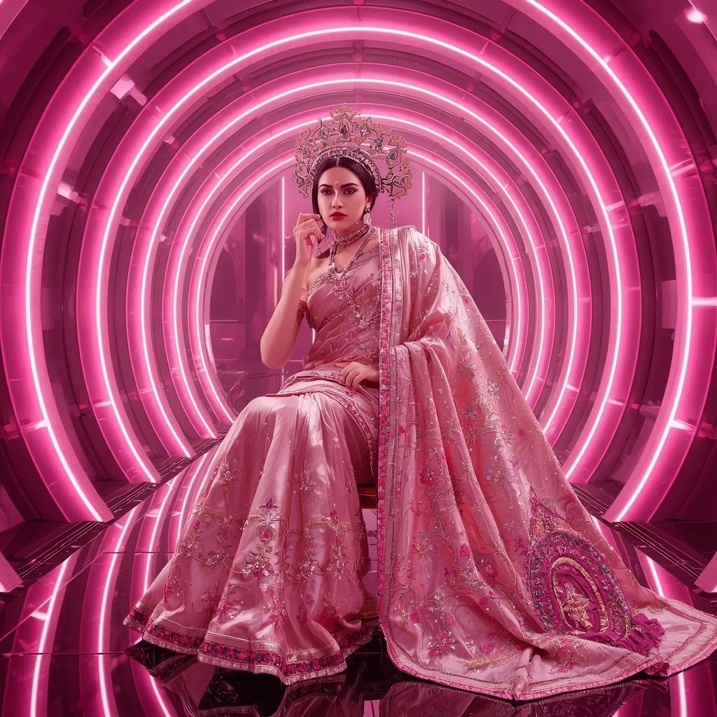 Rose Nebula Omniveil Sovereign Festival Saree with Neon Crystal Galaxy Crown Zenithara Empire Sanctuary | Ai Image Generator Prompt - Girl Prompt