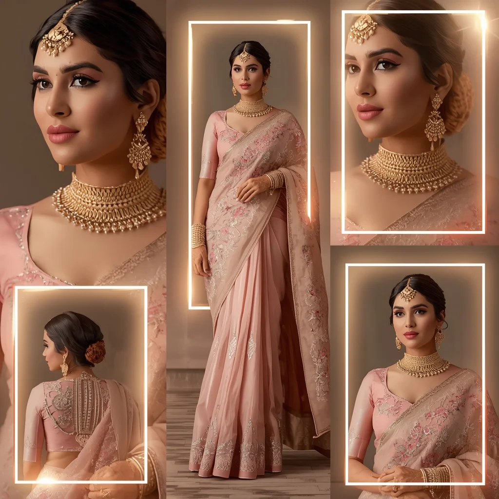 Royal Embroidery Pastel Saree Indian Woman Luxury Collage | Aesthetic Saree Ai Prompt - Girl Prompt