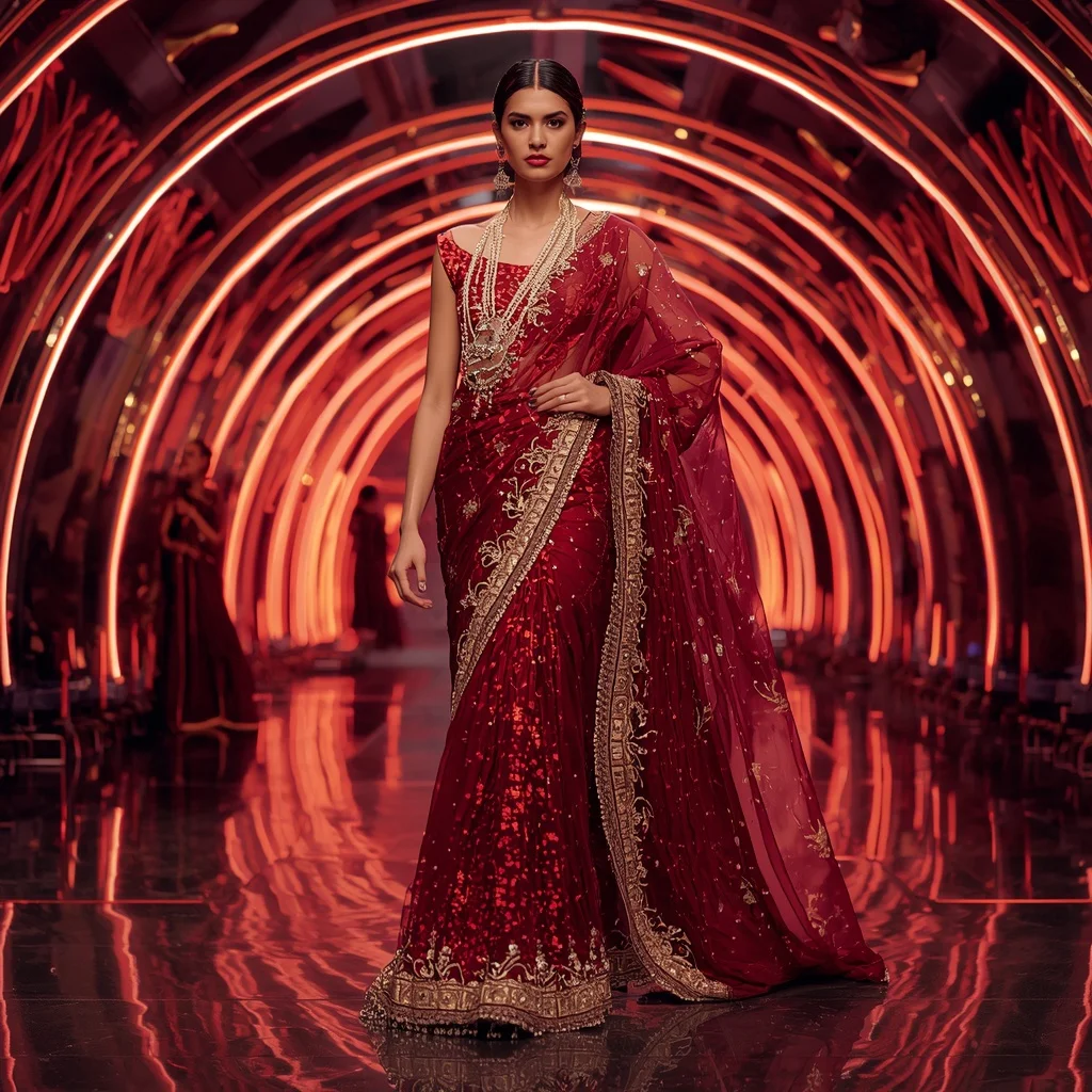 Royal Ruby Eclipse Saree with Neon Arc Prism Infinity Dome | Haldi Ceremony Ai Prompt - Girl Prompt