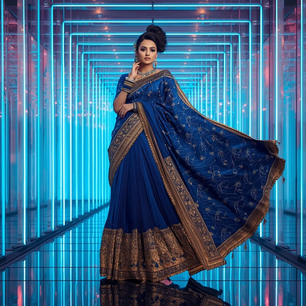 Royal Sapphire Drape Saree with Holographic Light Chamber | Ai Gemini Prompt - Girl Prompt