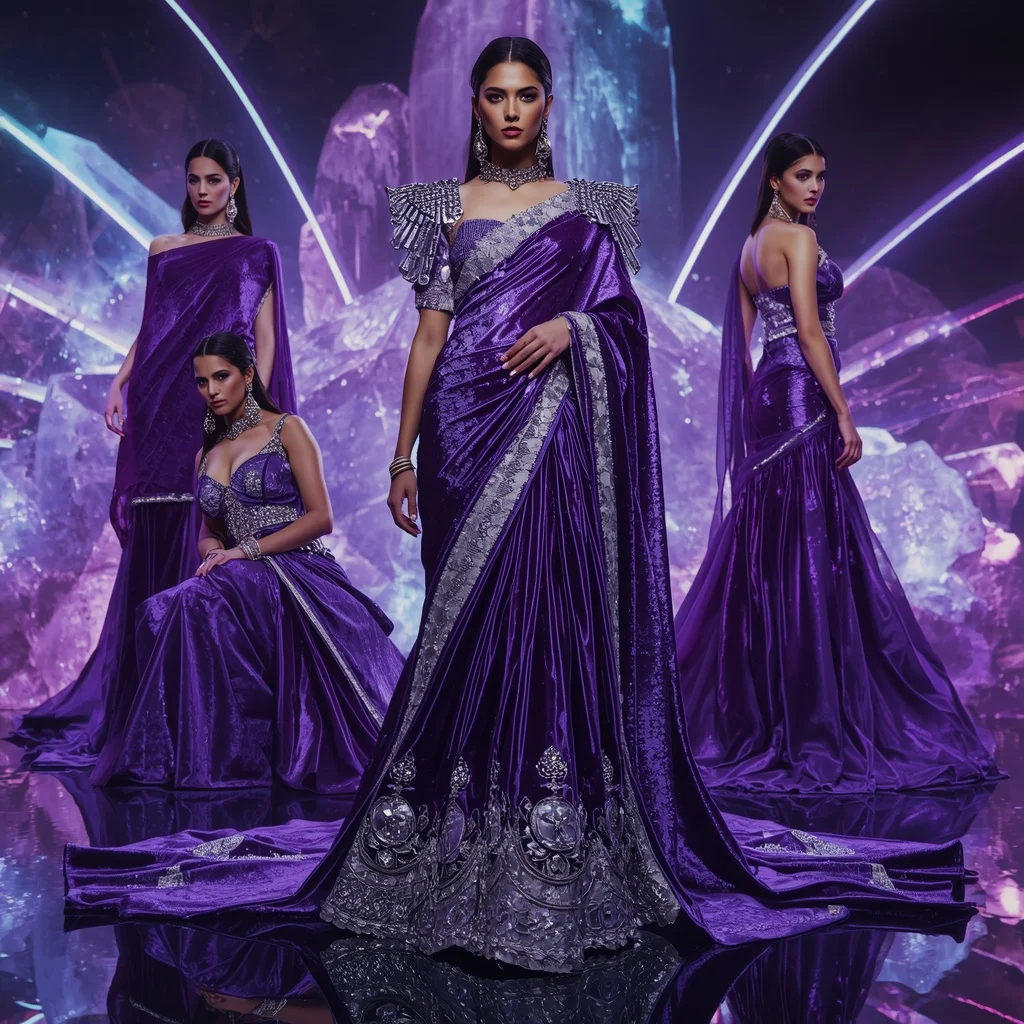 Royal Velvet Diamond Fantasy Saree with Infinite Crystal Domes | Woman Pose Ai Prompt - Girl Prompt