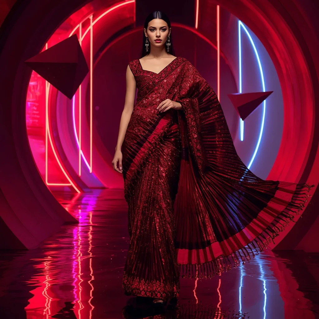 Ruby Eclipse Couture Saree with Floating Neon Geometry | Prompt Image - Girl Prompt