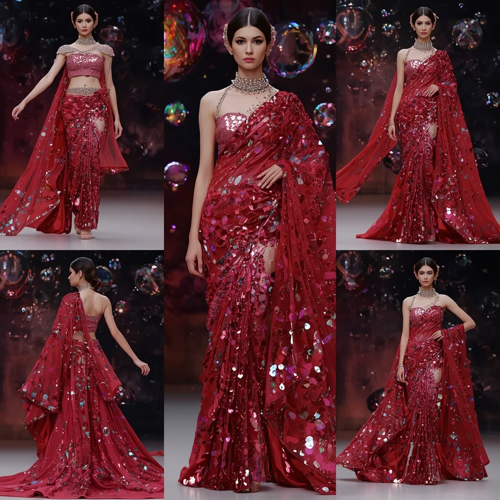 Ruby Ice Majesty Saree with Floating Aurora Domes | Fitness Model Ai Prompt - Girl Prompt
