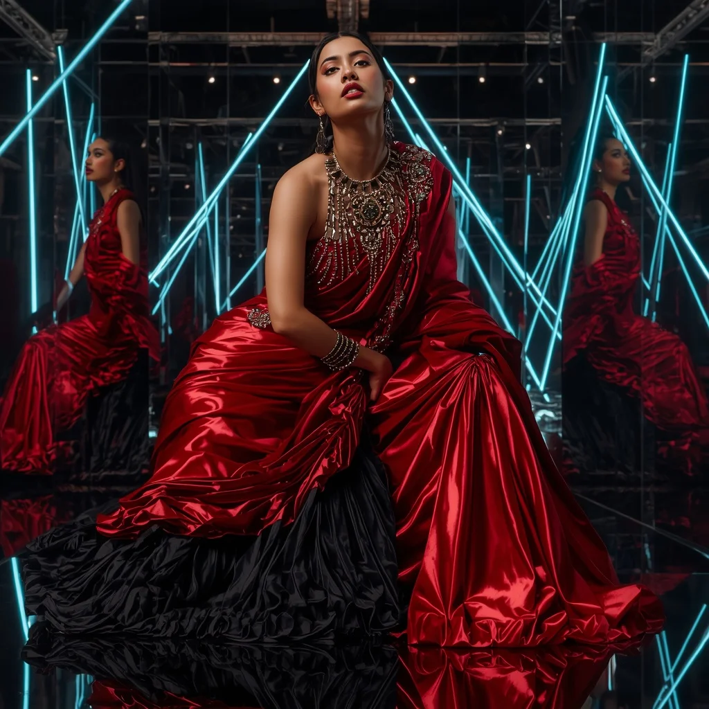 Ruby Inferno Saree with Curved Laser Reflection Galleries | Whatsapp Dp Ai Prompt - Girl Prompt