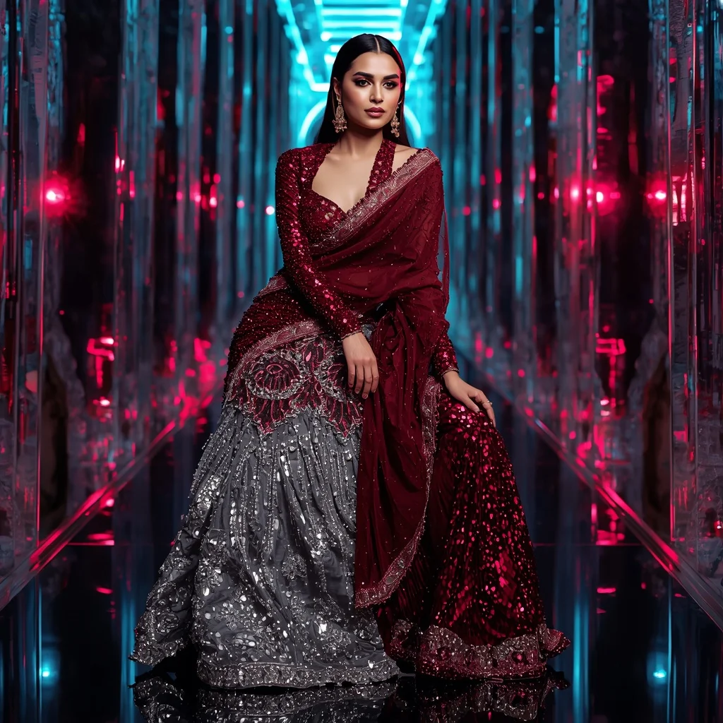Ruby Orbit Saree with Floating Crystal Reflection Passageways | Selfie Prompt - Girl Prompt