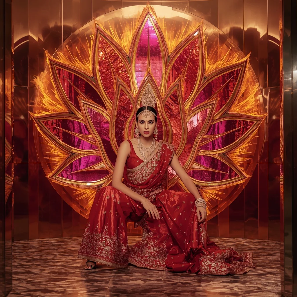 Ruby Solar Omnistar Lotus Festival Saree with Luxe Flame Prism Crown Zenithara Prime Palace | Trending Desi Girl Ai Prompt 2026 - Girl Prompt