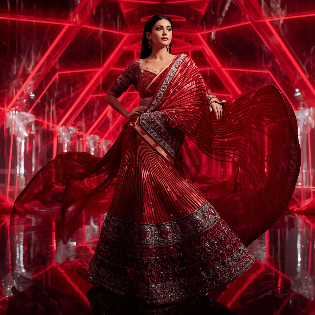 Ruby Titanium Couture Saree with Laser Beam Chamber | Pre Wedding Ai Prompt - Girl Prompt