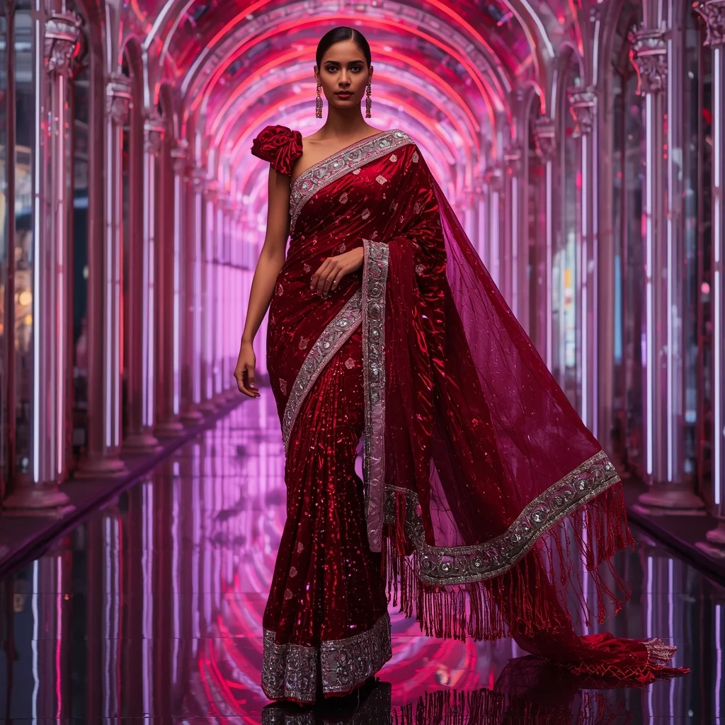 Ruby Velvet Crystal Saree with Infinity Dome Neon Cathedral | Fitness Model Ai Prompt - Girl Prompt