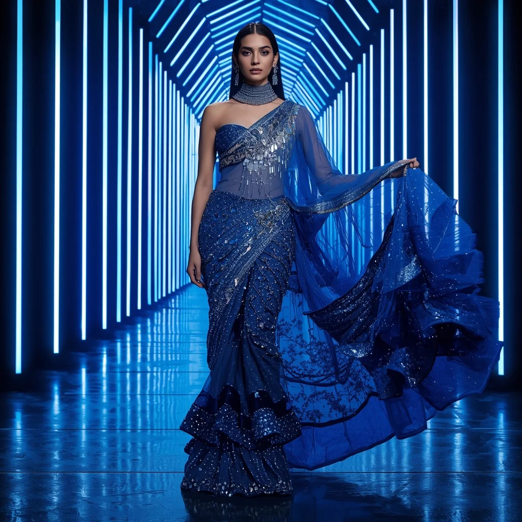 Sapphire Mirage Royale Saree with Neon Infinity Cathedral | Gemini Ai Saree Prompt - Girl Prompt