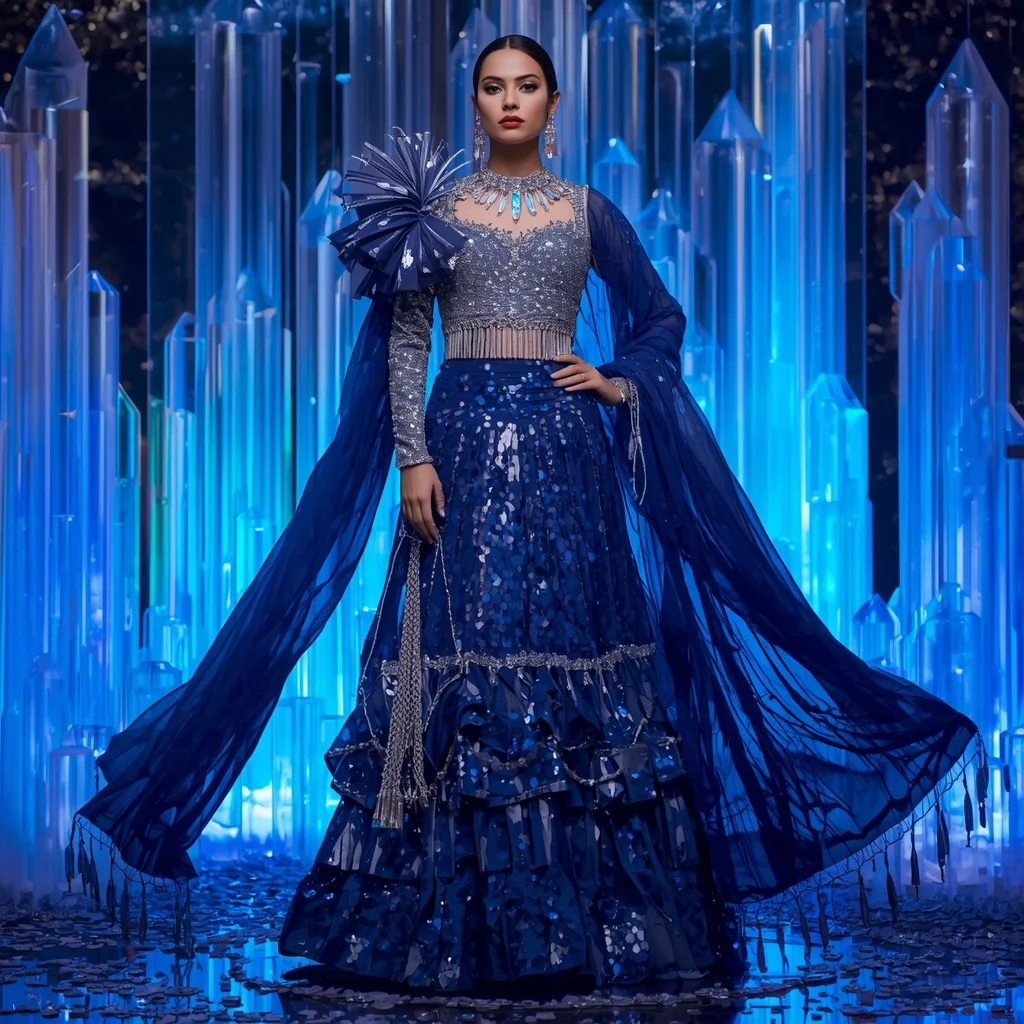 Sapphire Mirage Thunder Saree with Neon Infinity Crystal Sanctuary | Ultra Realistic Ai Prompt - Girl Prompt