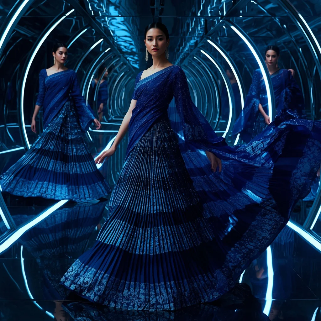 Sapphire Moonstone Eclipse Saree with Curved Infinity Corridor | Flux Ai Prompt - Girl Prompt