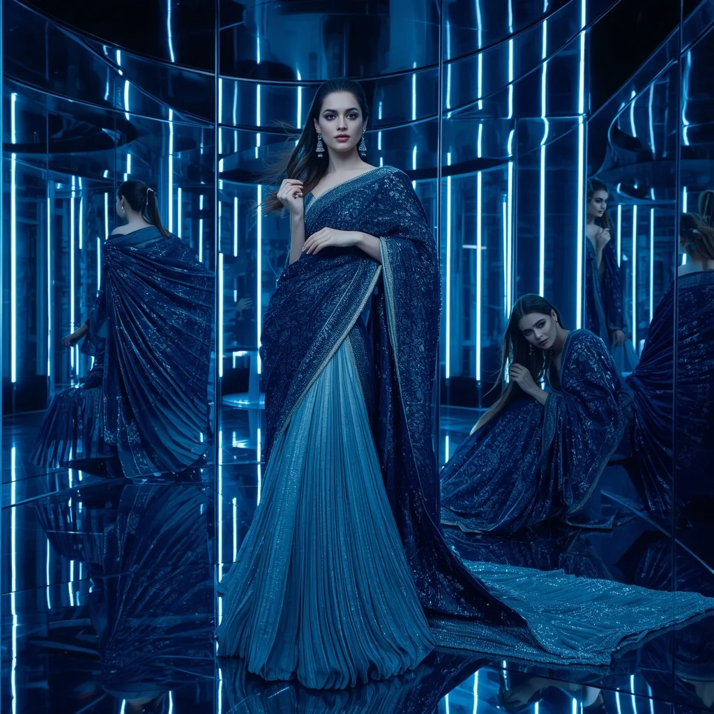 Sapphire Moonstone Royale Saree with Curved Infinity Chamber | Makeup Ai Prompt - Girl Prompt