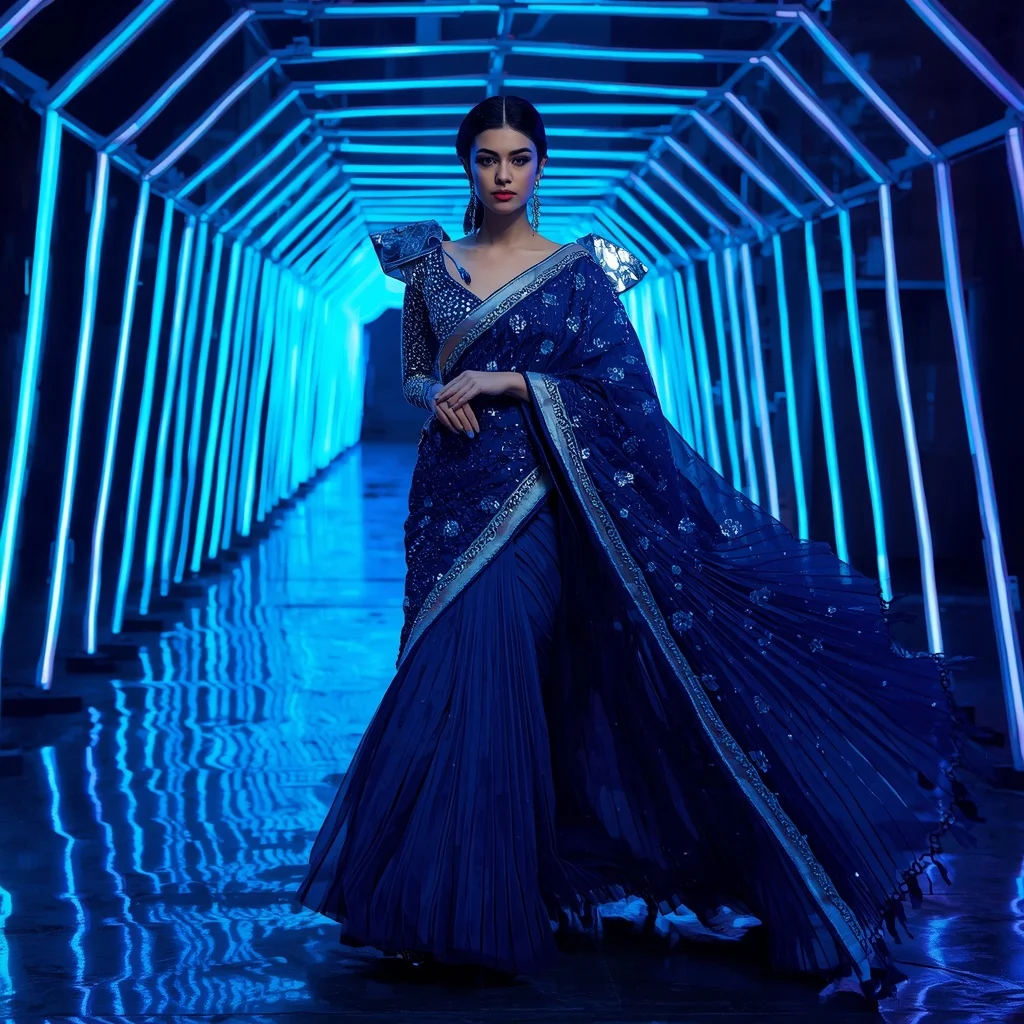 Sapphire Neon Couture Saree with Infinite Tunnel Lights | Cute Ai Prompt - Girl Prompt