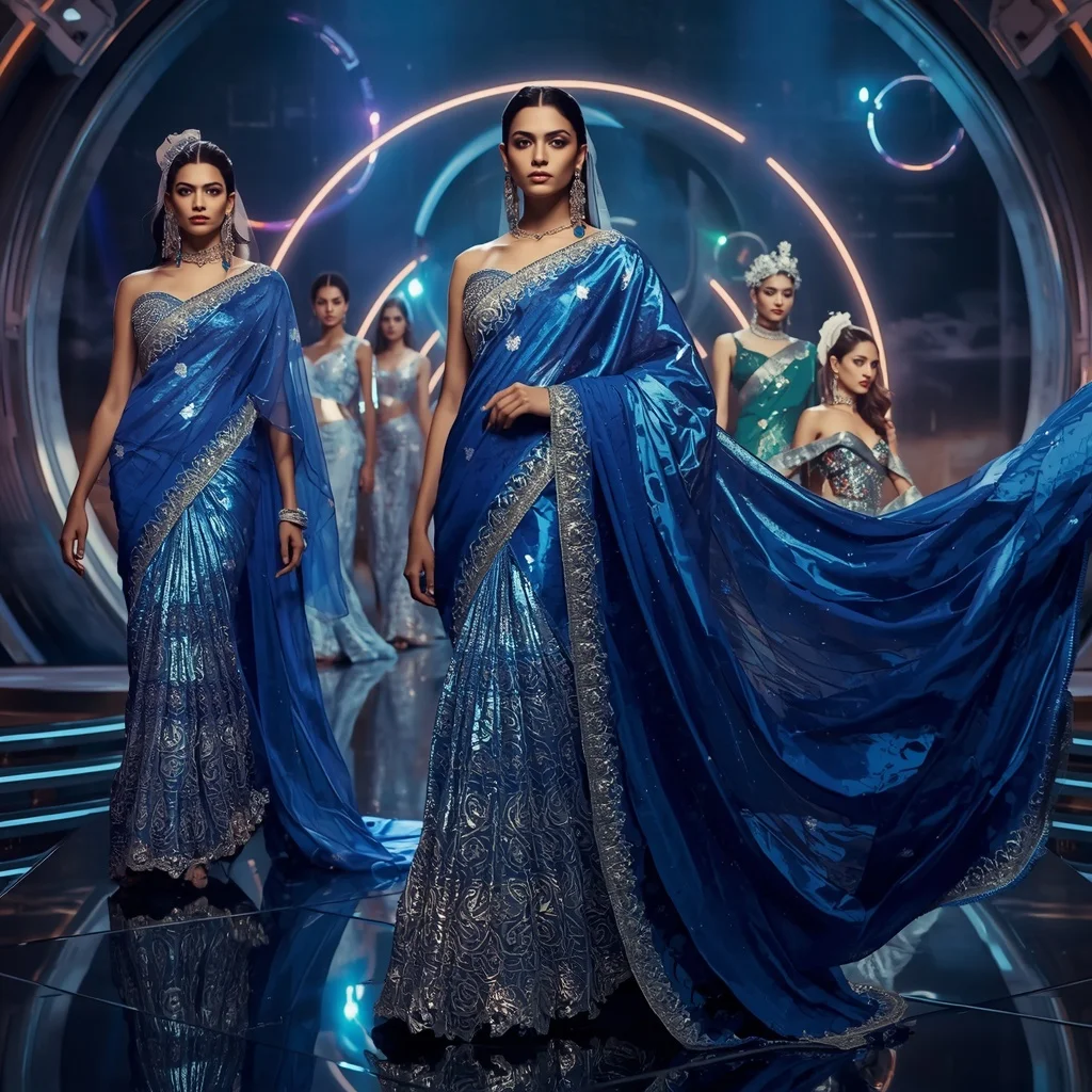 Sapphire Prism Empress Saree with Floating Galaxy Ring Empire | Instagram Photography Ai Prompt - Girl Prompt