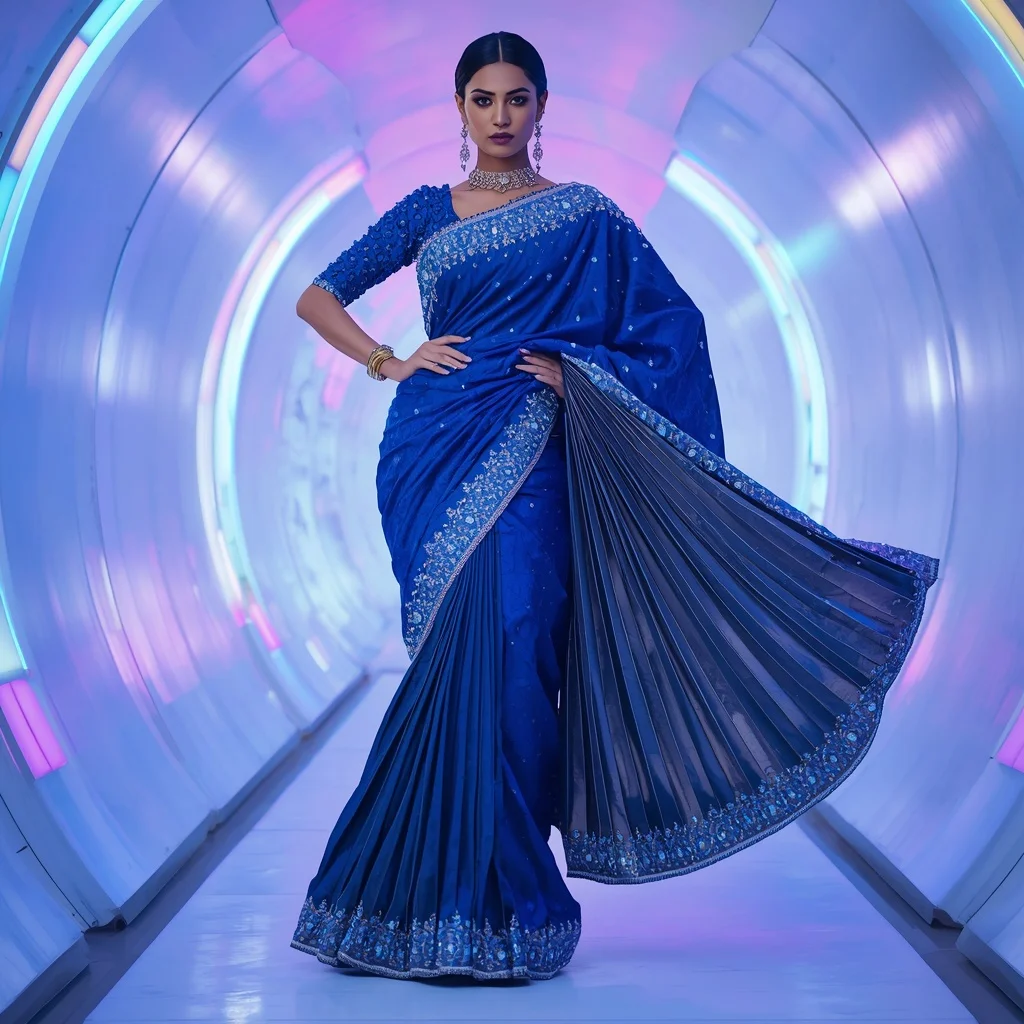 Sapphire Pulse Festival Saree with Electric Curve Corridor | Prompt Generator - Girl Prompt