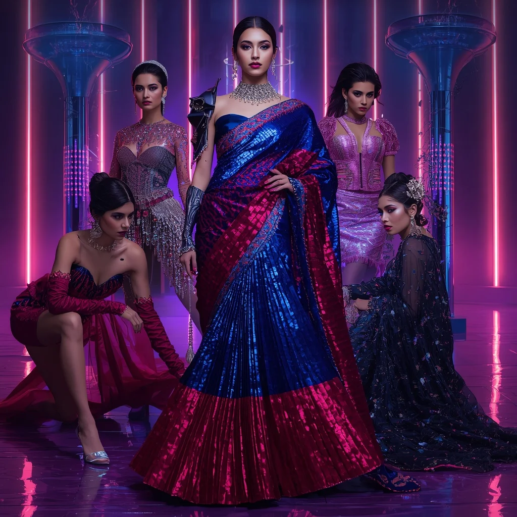 Sapphire Thunder Royale Saree with Floating Neon Orbit Towers | Whatsapp Dp Ai Prompt - Girl Prompt