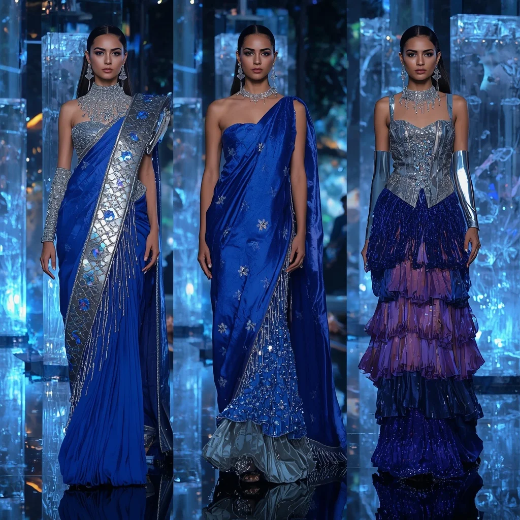 Sapphire Velvet Flame Saree with Floating Infinity Crystal Atrium | Instagram Carousel Ai Prompt - Girl Prompt