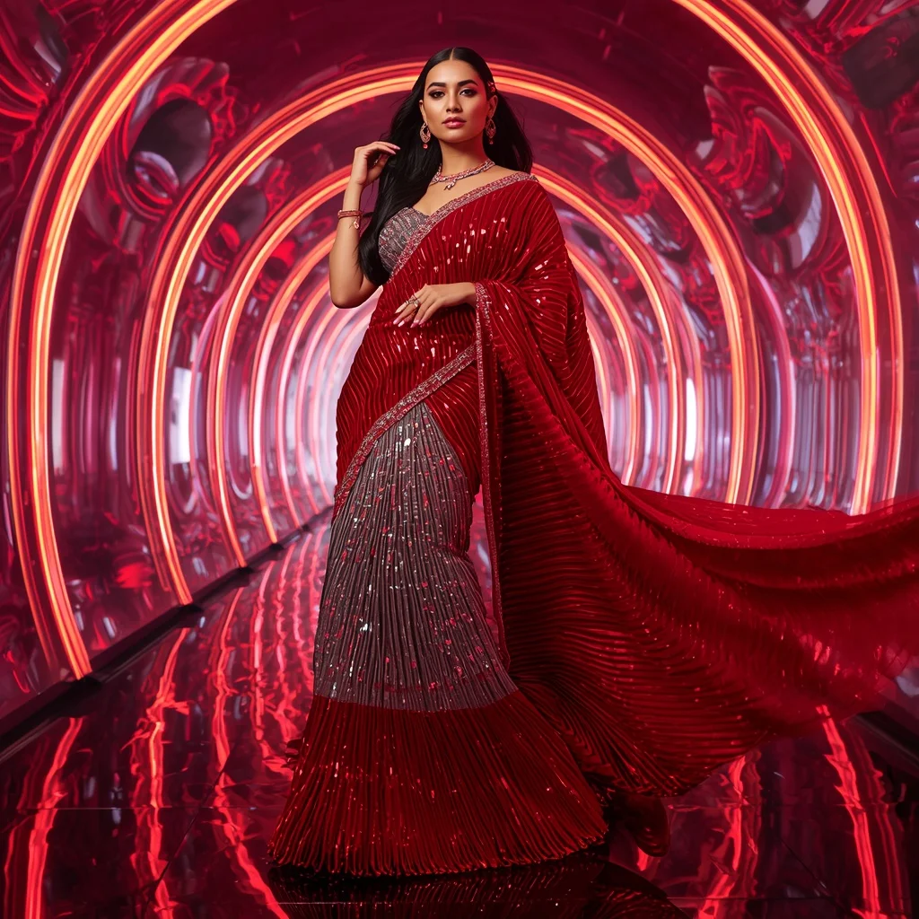 Scarlet Nova Flame Saree with Infinity Hologram Corridor | Lehenga Choli Ai Prompt - Girl Prompt