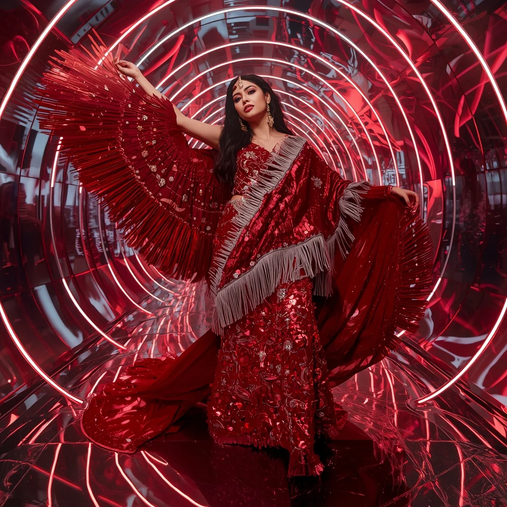 Scarlet Nova Wing Saree with Infinity Hologram Chamber | Midjourney V6 Girl Prompt - Girl Prompt