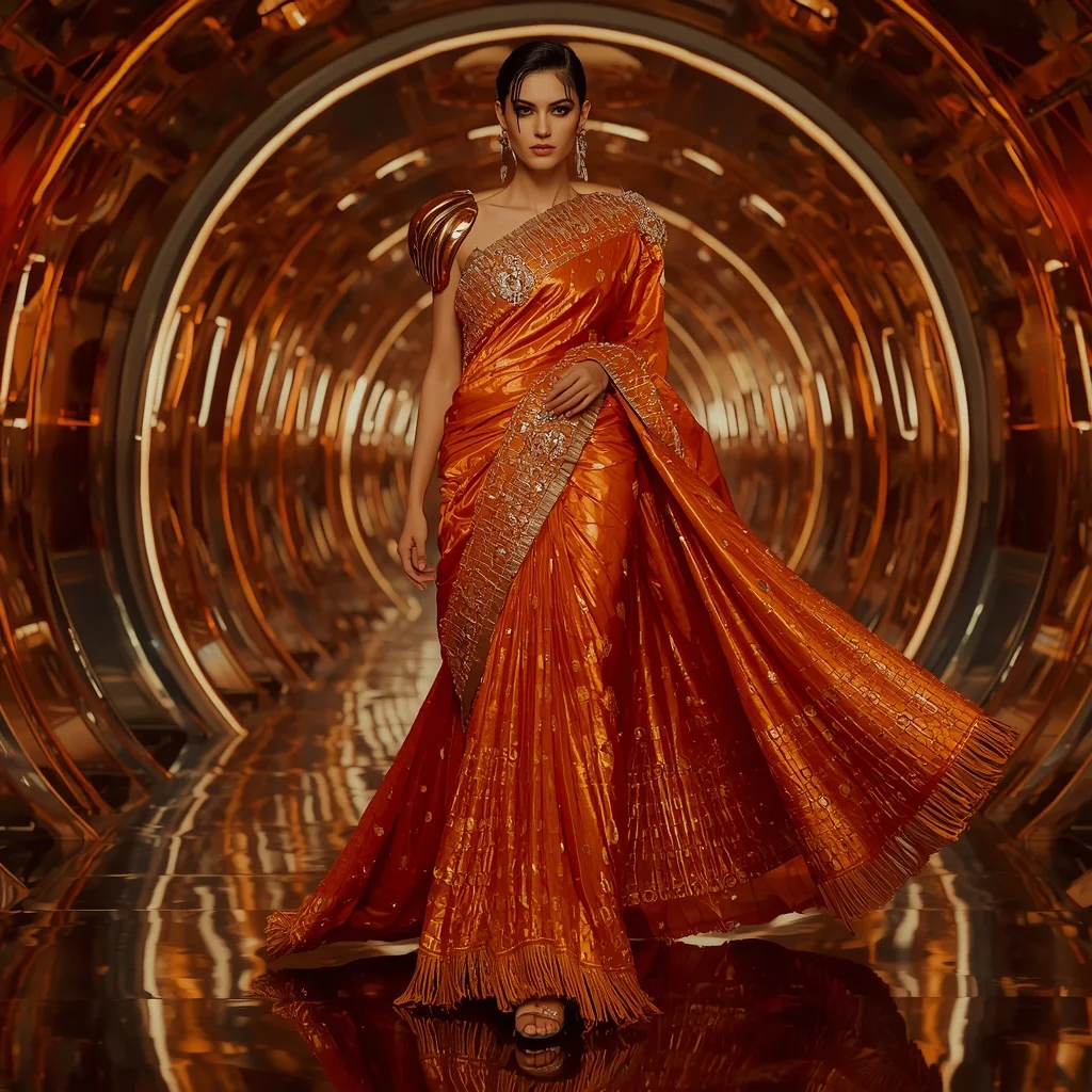 Solar Ember Mirror Saree with Curved Infinity Gallery | Golden Hour Photography Ai Prompt - Girl Prompt