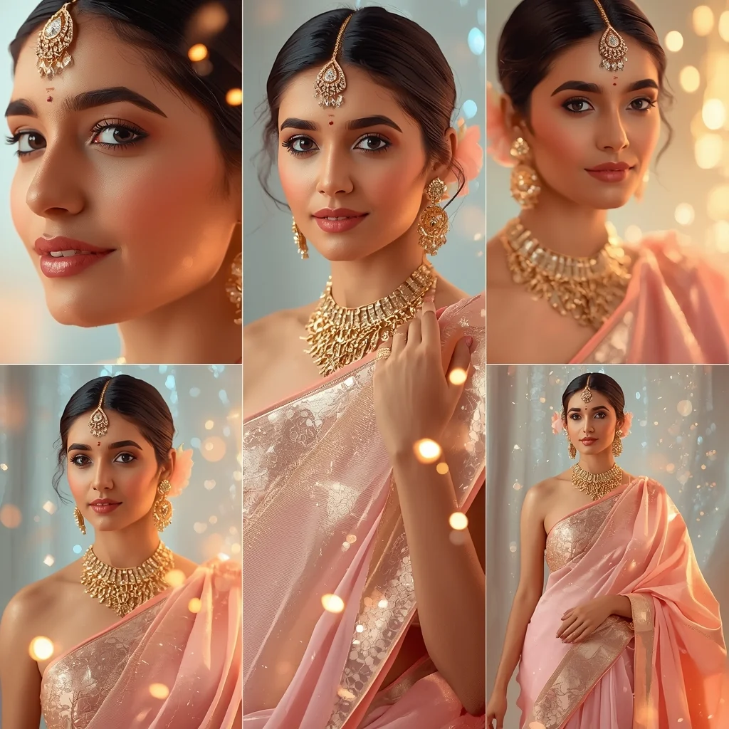 Sparkle Diamond Pastel Saree Indian Woman High Luxury Collage | Bridal Saree Ai Prompt - Girl Prompt